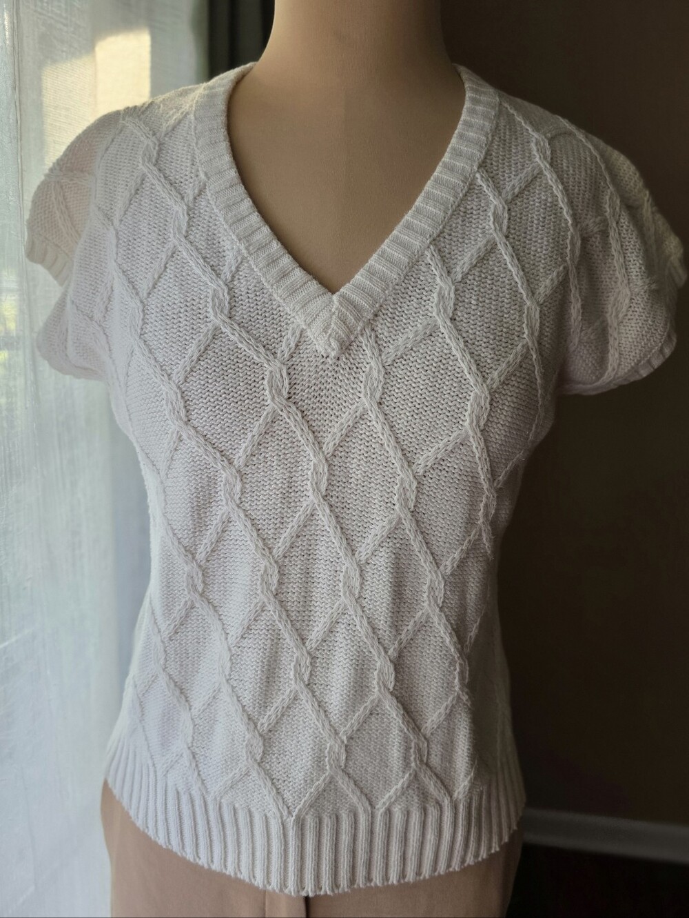 Knit Sweater Vintage Country Suburbans Ramie Cotton  Cream V-Neck Medium Old Mon